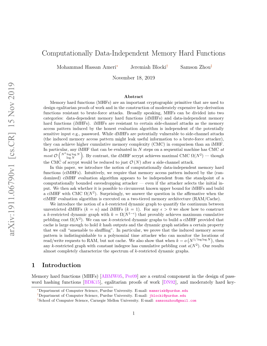 Computationally Data-Independent Memory Hard Functions