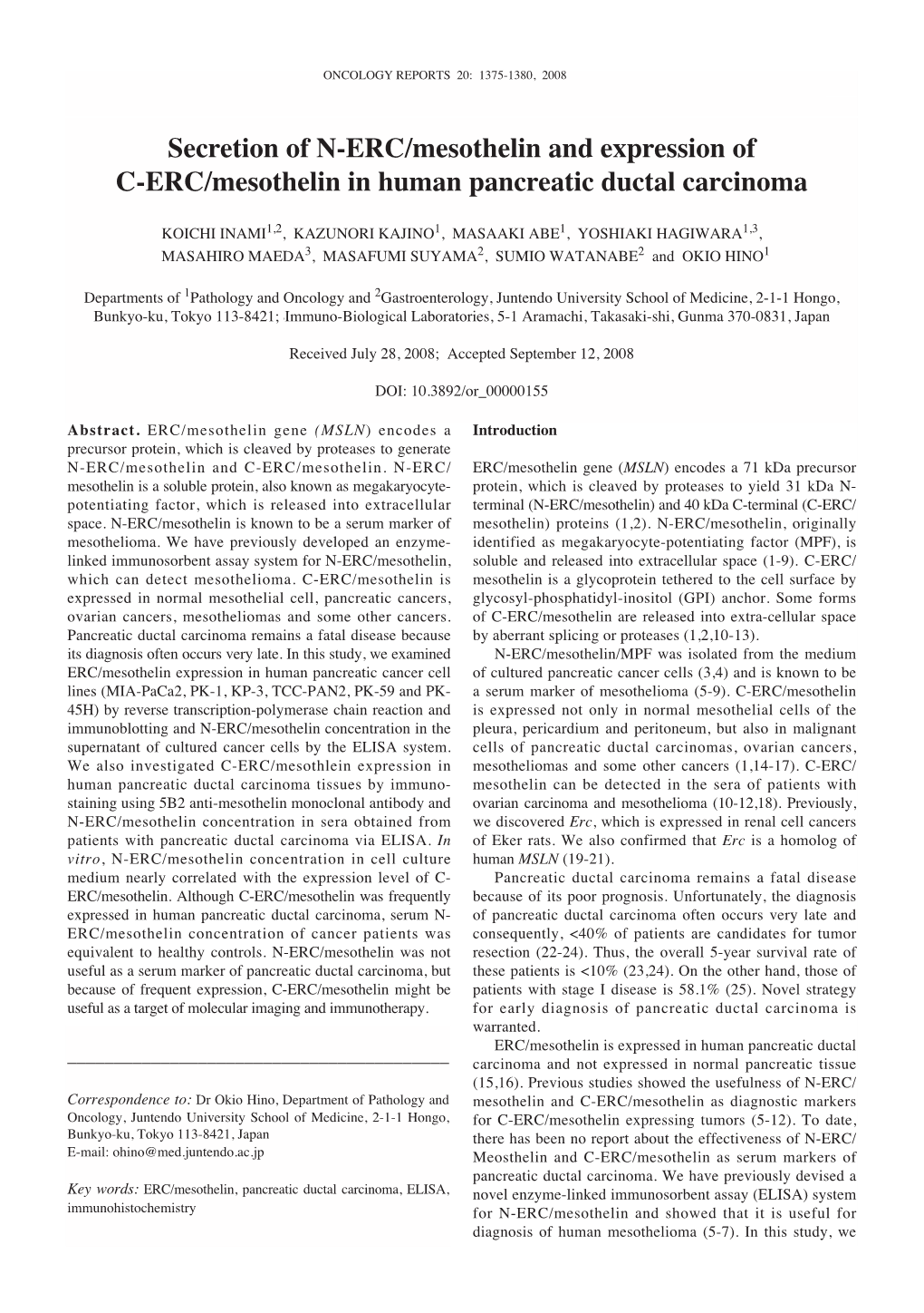 Secretion of N-ERC/Mesothelin and Expression of C-ERC/Mesothelin in Human Pancreatic Ductal Carcinoma