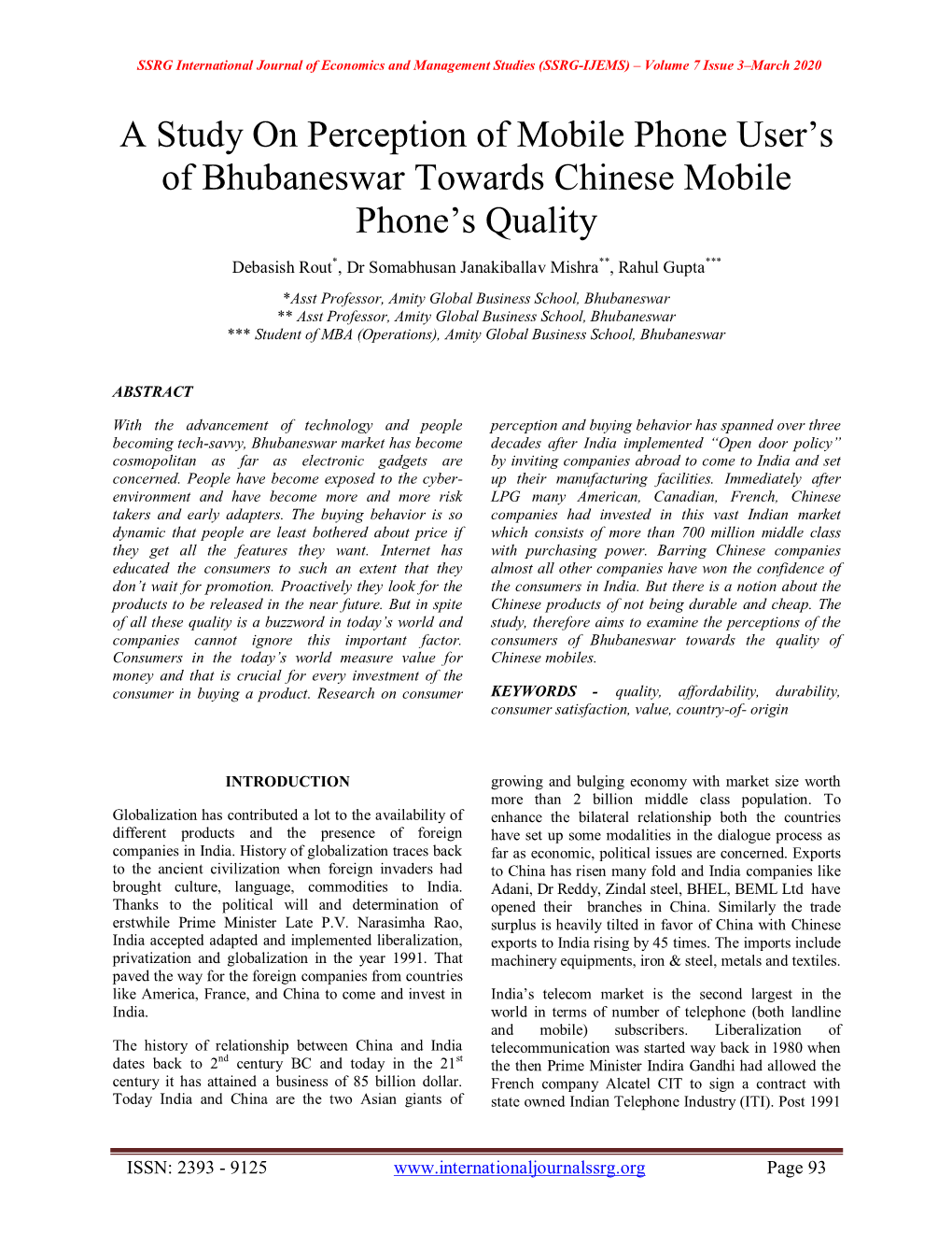 A Study on Perception of Mobile Phone User's of Bhubaneswar