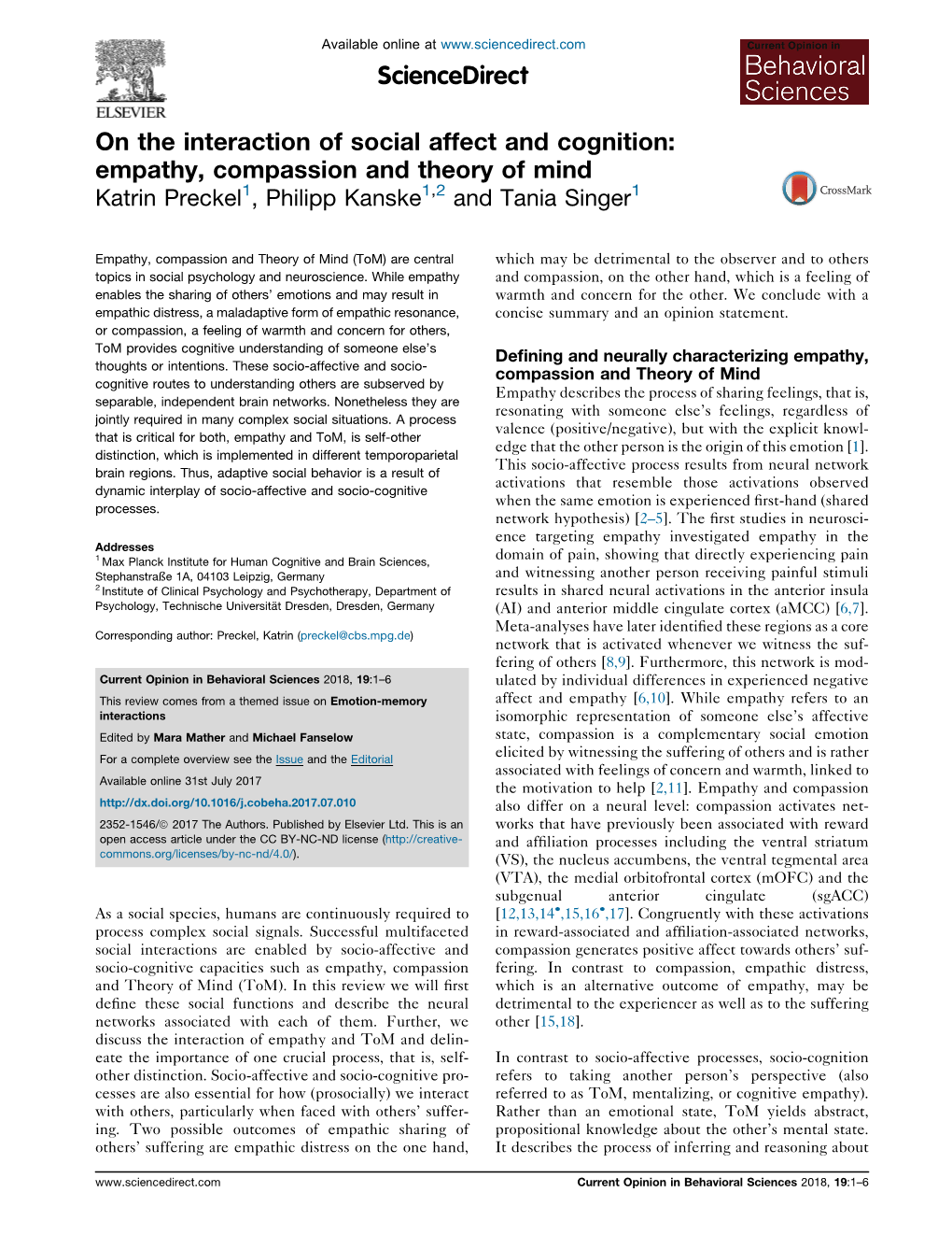 On the Interaction of Social Affect and Cognition: Empathy, Compassion and Theory of Mind