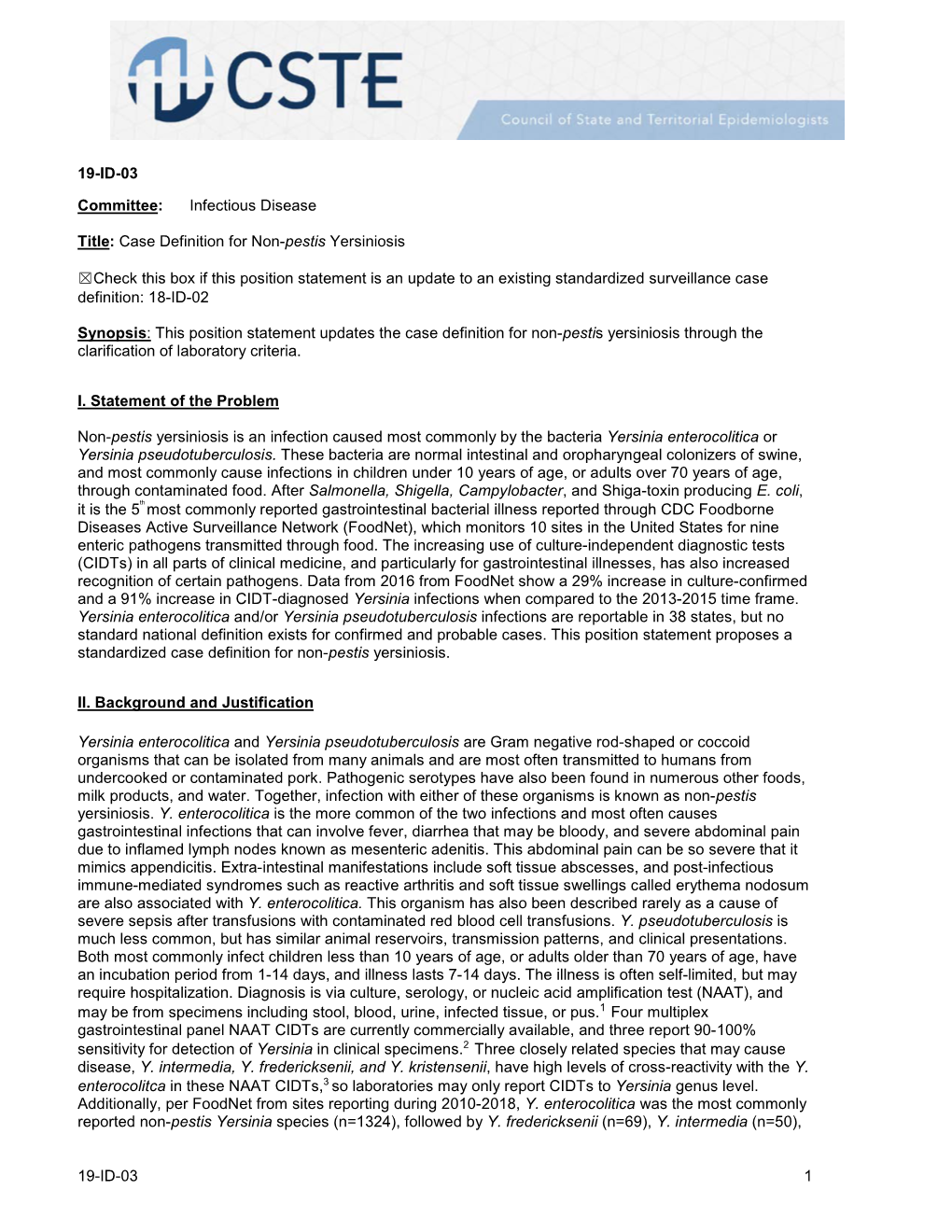 Case Definition for Non-Pestis Yersiniosis Check This Box If This Po