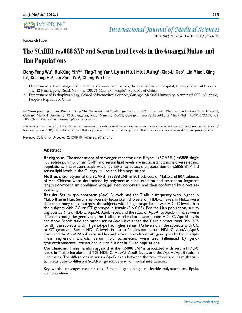 The SCARB1 Rs5888 SNP and Serum Lipid Levels in the Guangxi Mulao and Han Populations