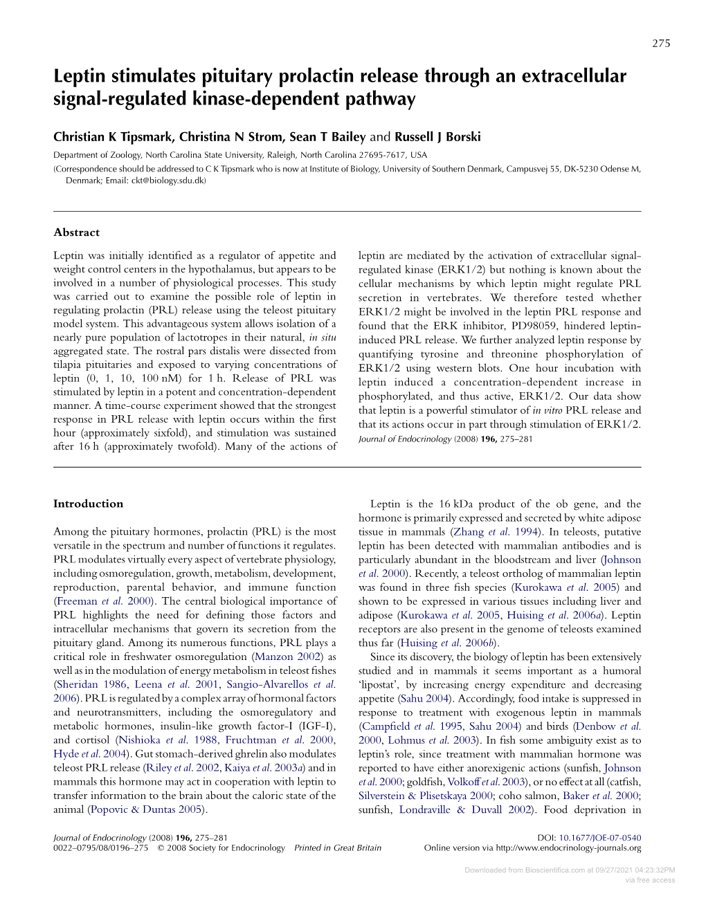 Leptin Stimulates Pituitary Prolactin Release Through an Extracellular Signal-Regulated Kinase-Dependent Pathway