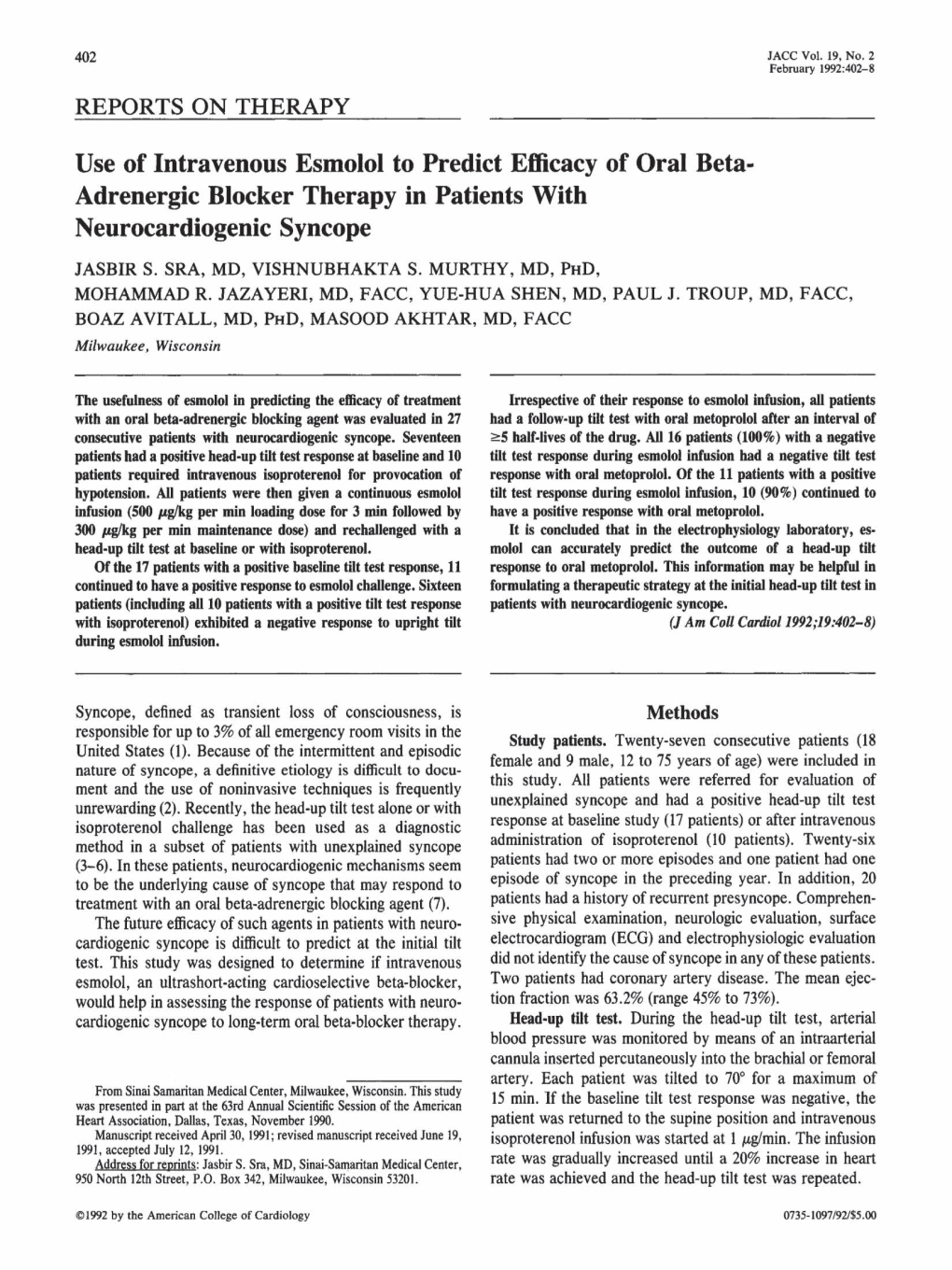 Use of Intravenous Esmolol to Predict Efficacy of Oral Beta-Adrenergic Blocker Therapy in Patients with Neurocardiogenic Syncope