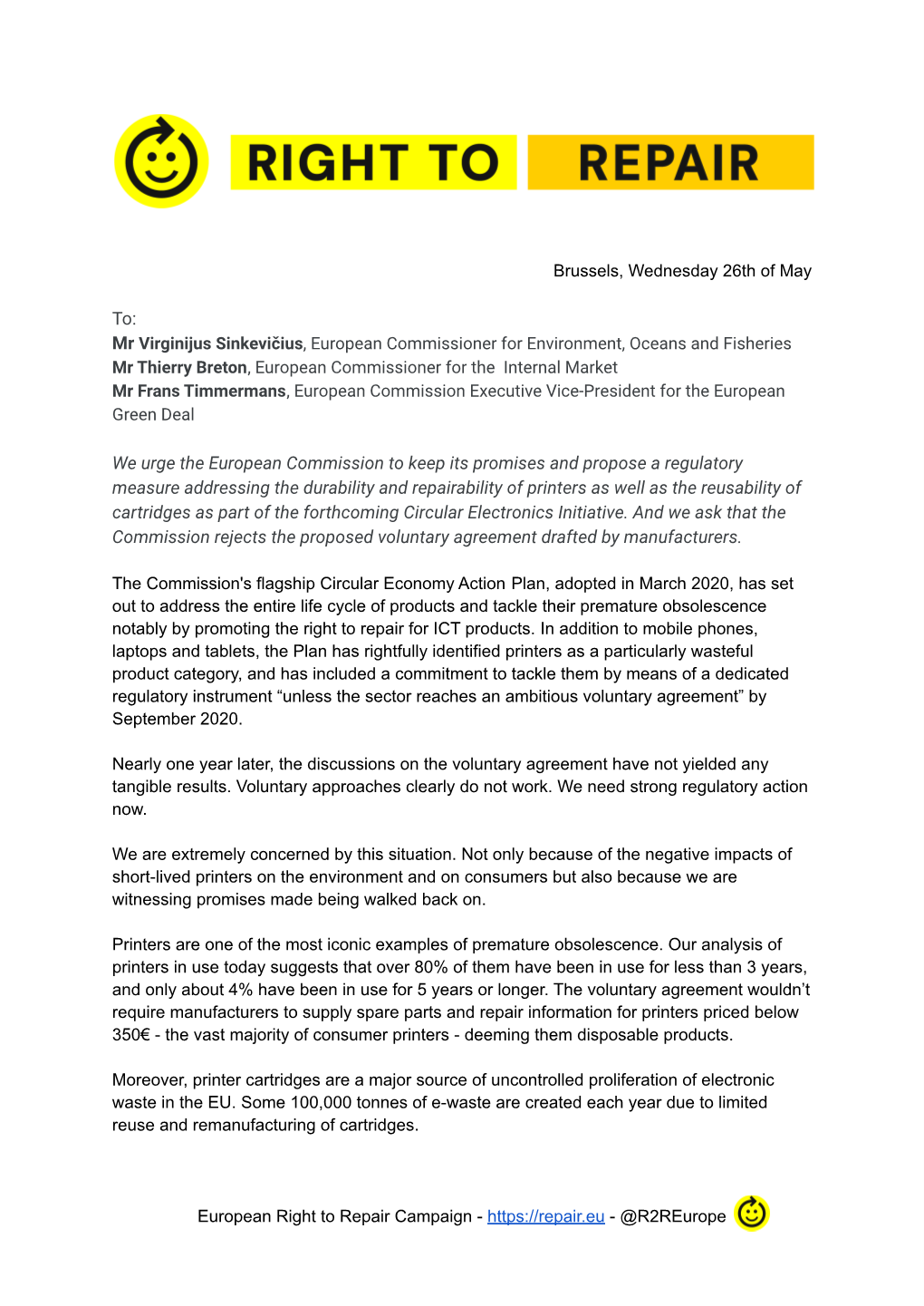 Letter to the Commission Regarding Printers Voluntary Agreement