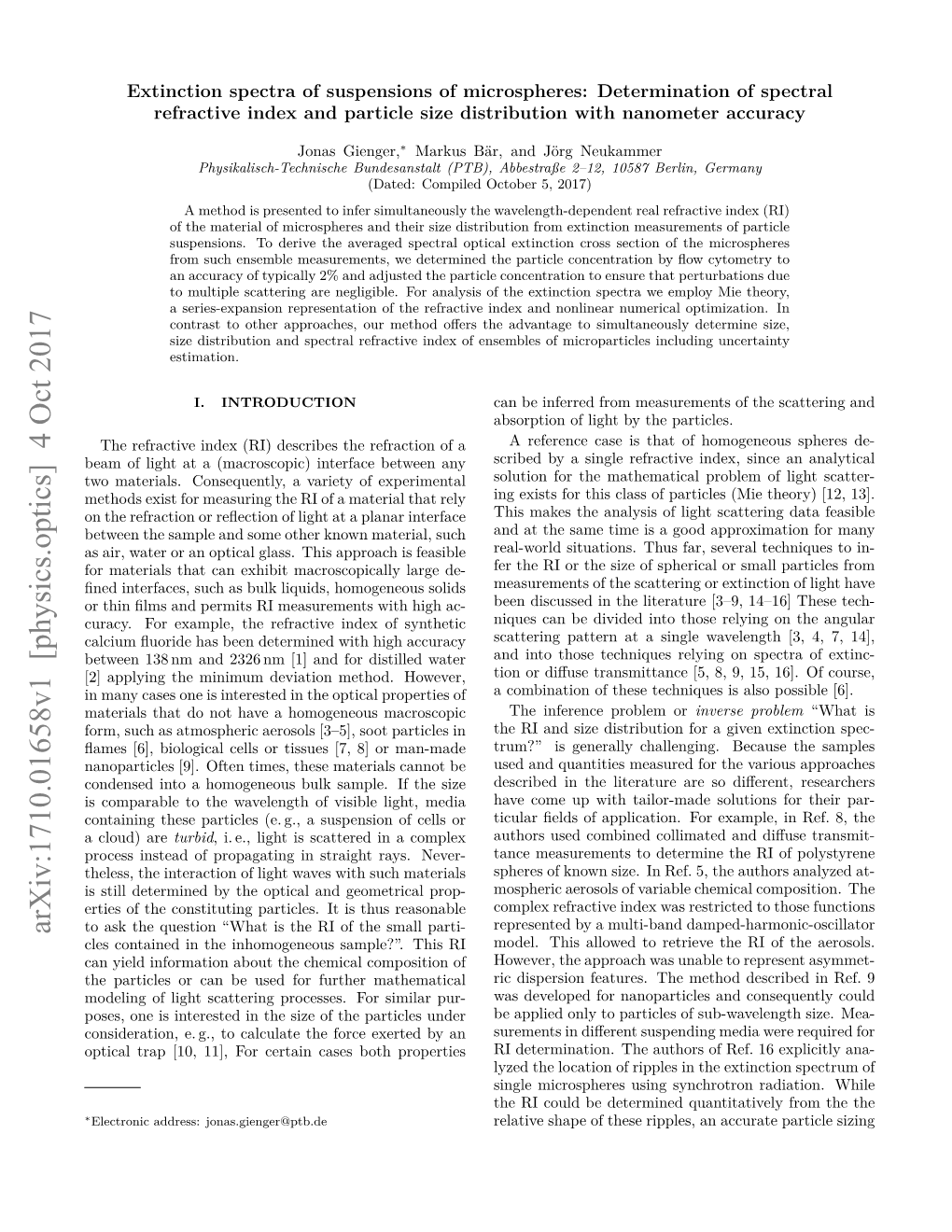 Arxiv:1710.01658V1 [Physics.Optics] 4 Oct 2017 to Ask the Question “What Is the RI of the Small Parti- Cles Contained in the Inhomogeneous Sample?”