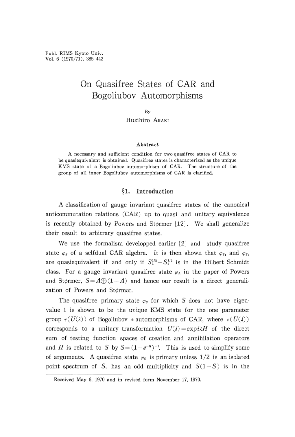 On Quaslfree States of CAR and Bogoliubov Automorphisms