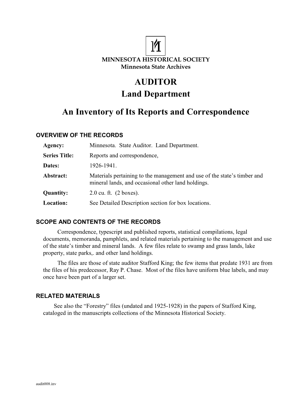 AUDITOR: Land Department