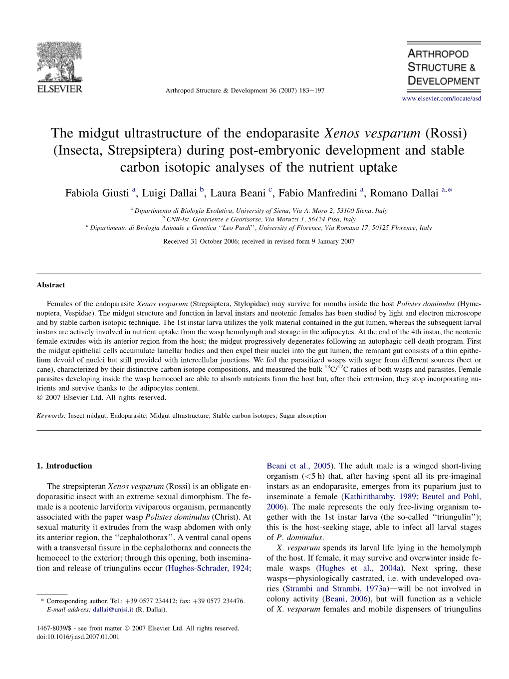 The Midgut Ultrastructure of the Endoparasite Xenos