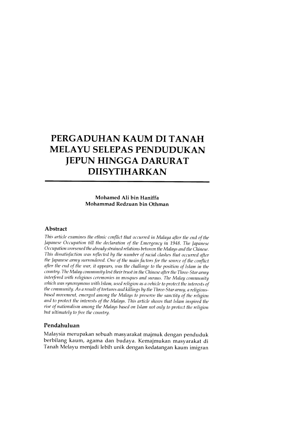 Pergaduhan Kaum Di Tanah Melayu Selepas Pendudukan Jepun Hingga Darurat Diisytiharkan