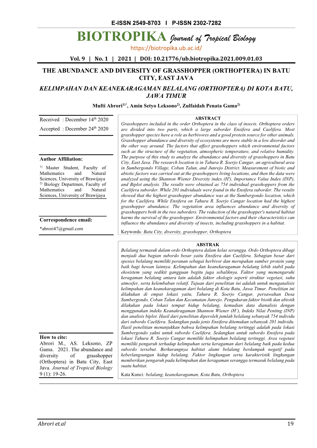 Biotropika: Journal of Tropical Biology | Vol