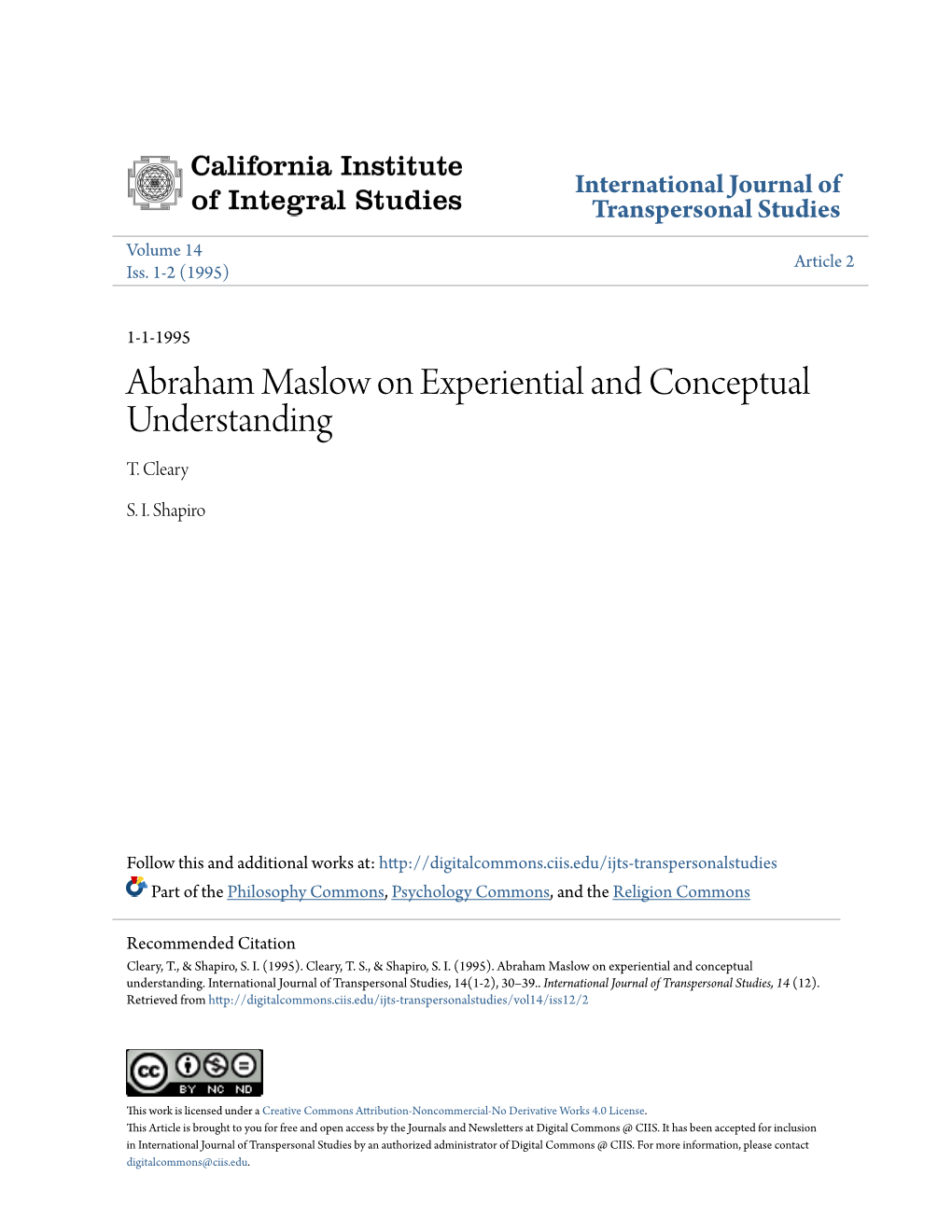 Abraham Maslow on Experiential and Conceptual Understanding T