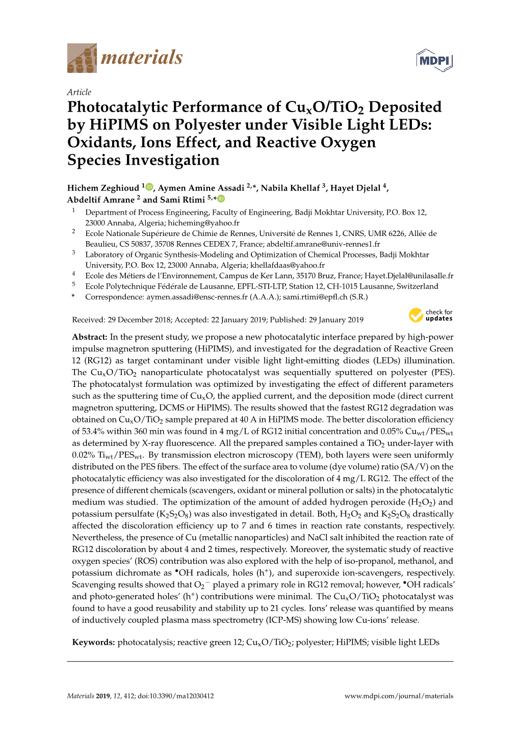 Photocatalytic Performance of Cuxo/Tio2 Deposited by Hipims on Polyester Under Visible Light Leds: Oxidants, Ions Effect, and Reactive Oxygen Species Investigation