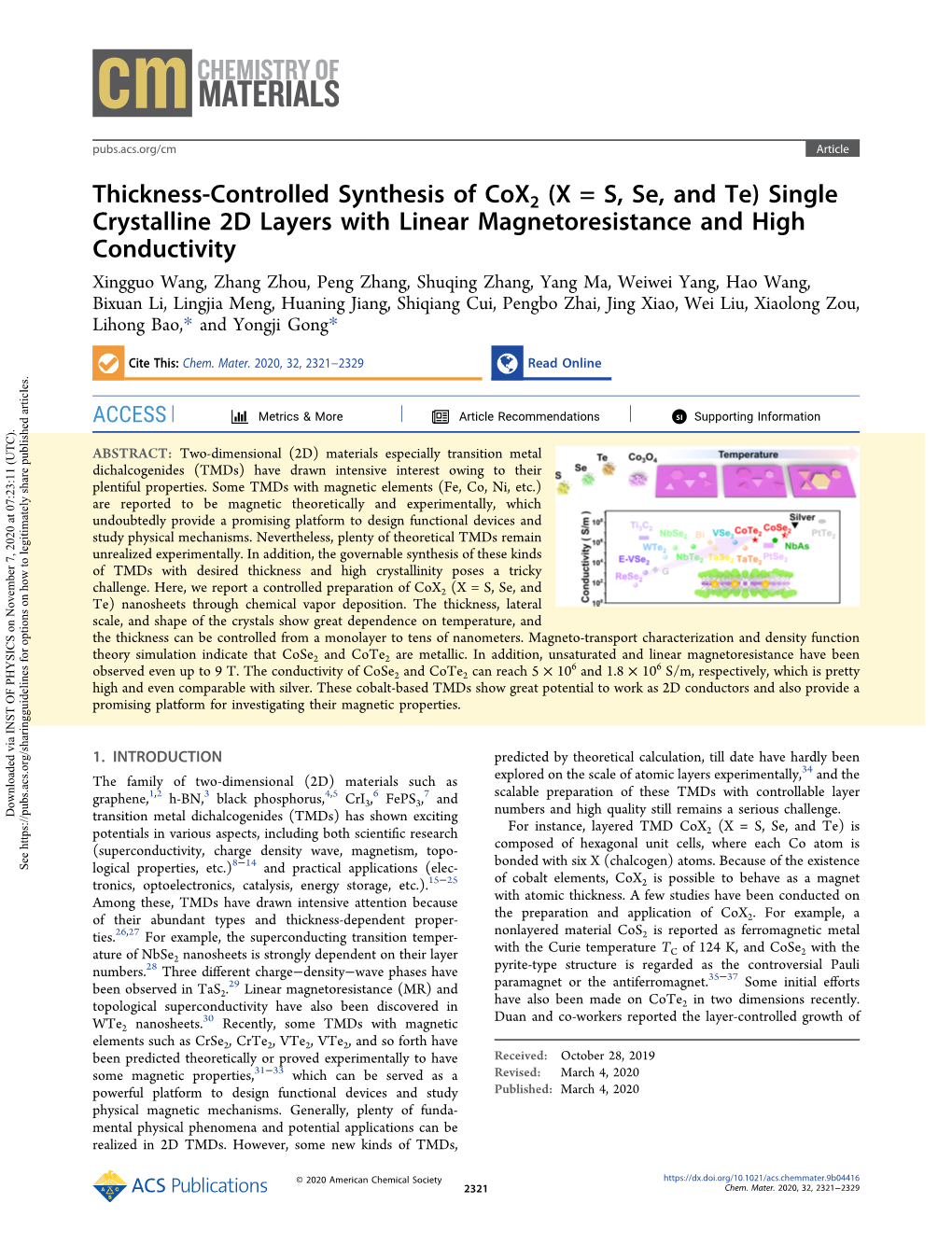 Single Crystalline 2D Layers with Linear Magnetoresistance and High C