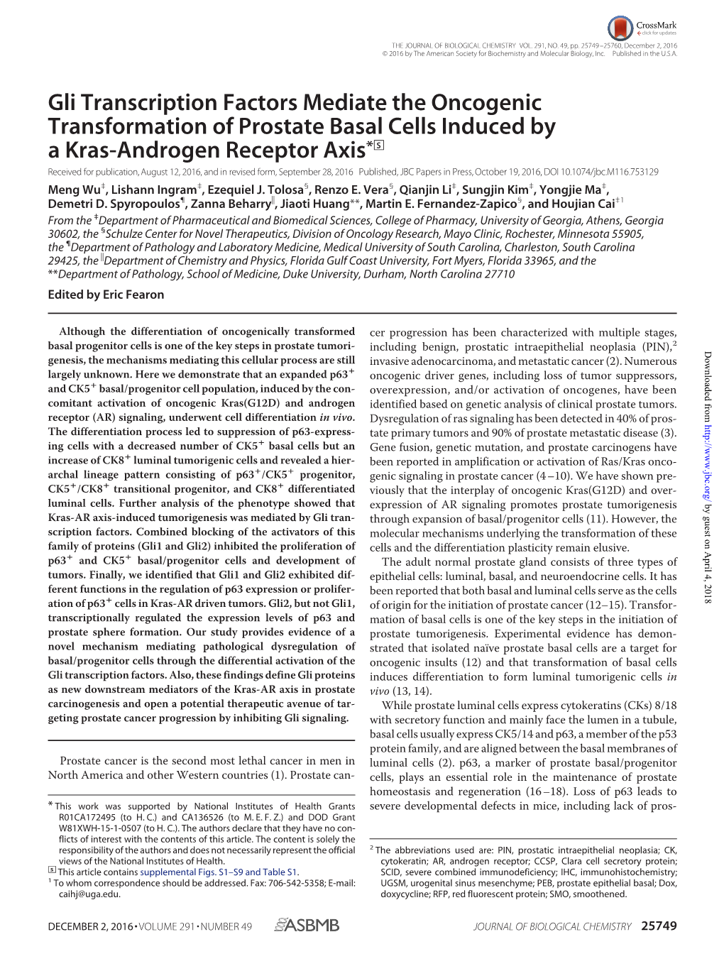 Gli Transcription Factors Mediate the Oncogenic Transformation of Prostate Basal Cells Induced by a Kras-Androgen Receptor Axis*