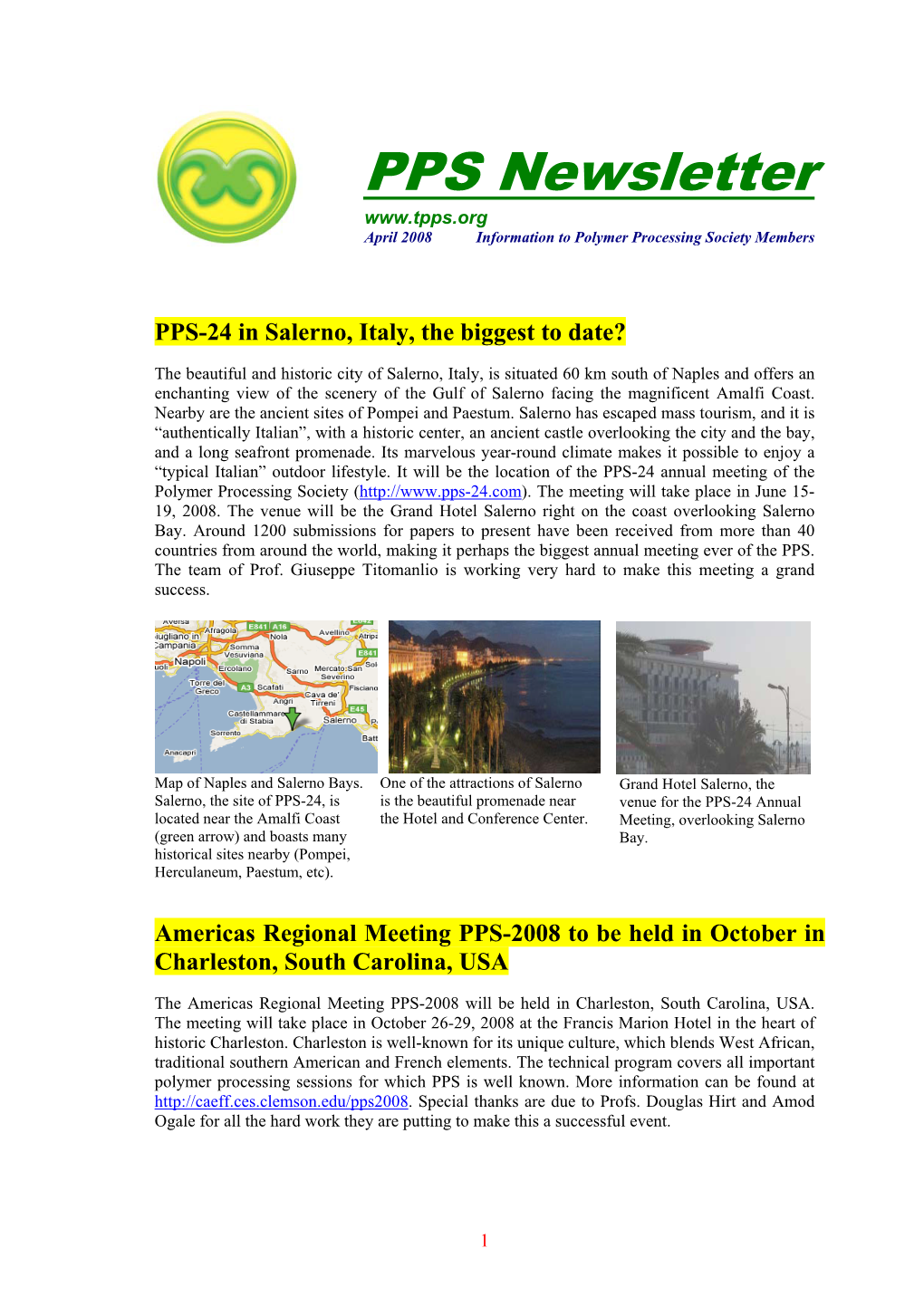 PPS Newsletter April 2008 Information to Polymer Processing Society Members