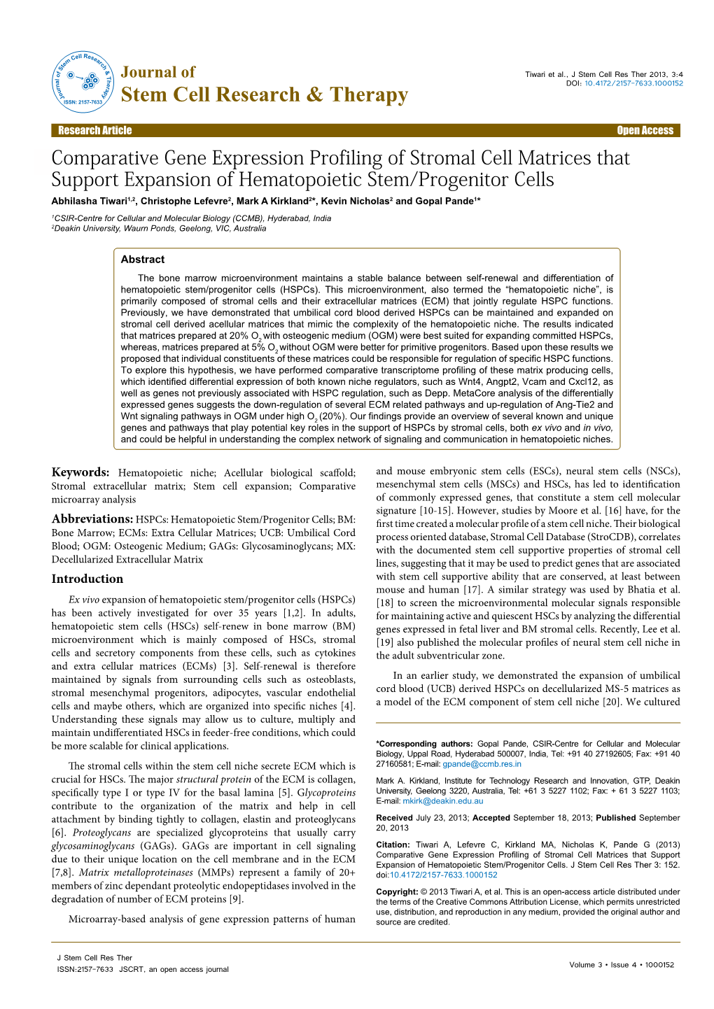 Comparative Gene Expression Profiling of Stromal Cell Matrices