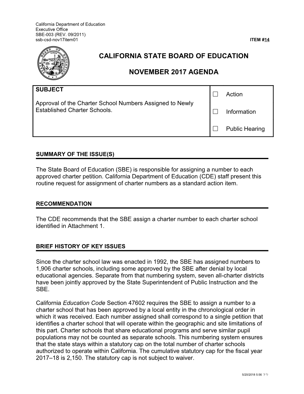 November 2017 Agenda Item 14 - Meeting Agendas (CA State Board of Education)