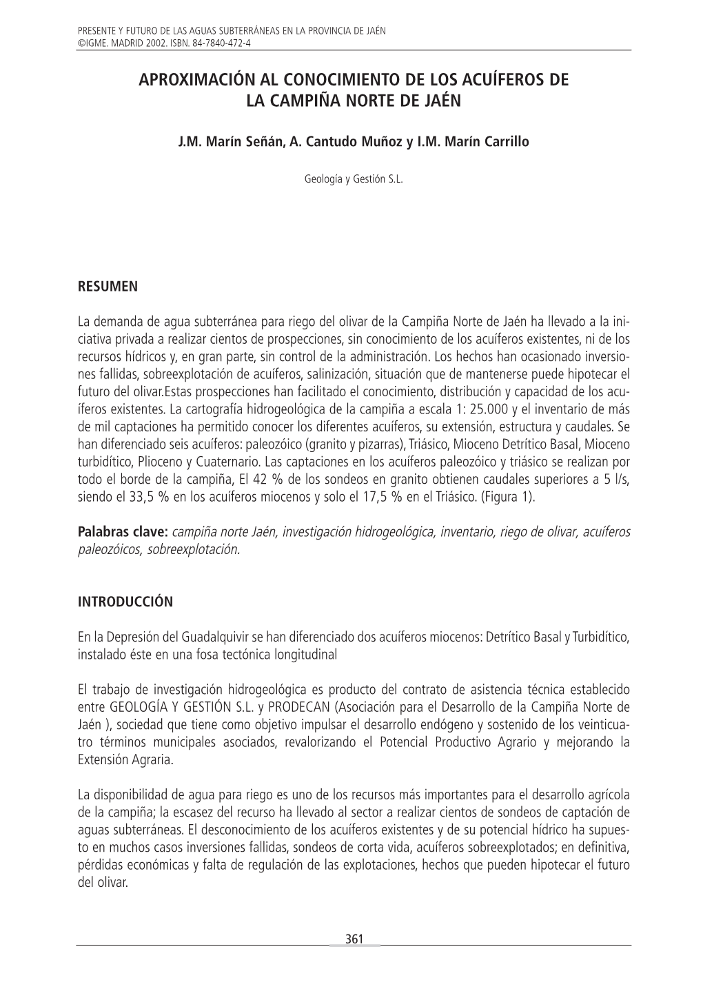 Aproximación Al Conocimiento De Los Acuíferos De La Campiña Norte De Jaén