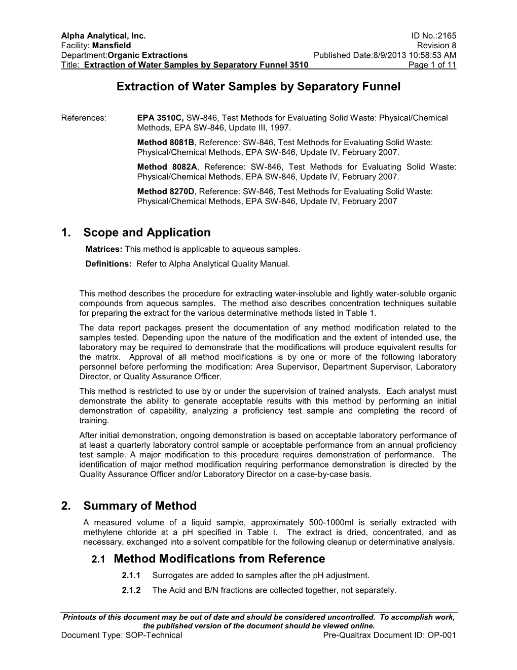 Extraction of Water Samples by Separatory Funnel 1. Scope And