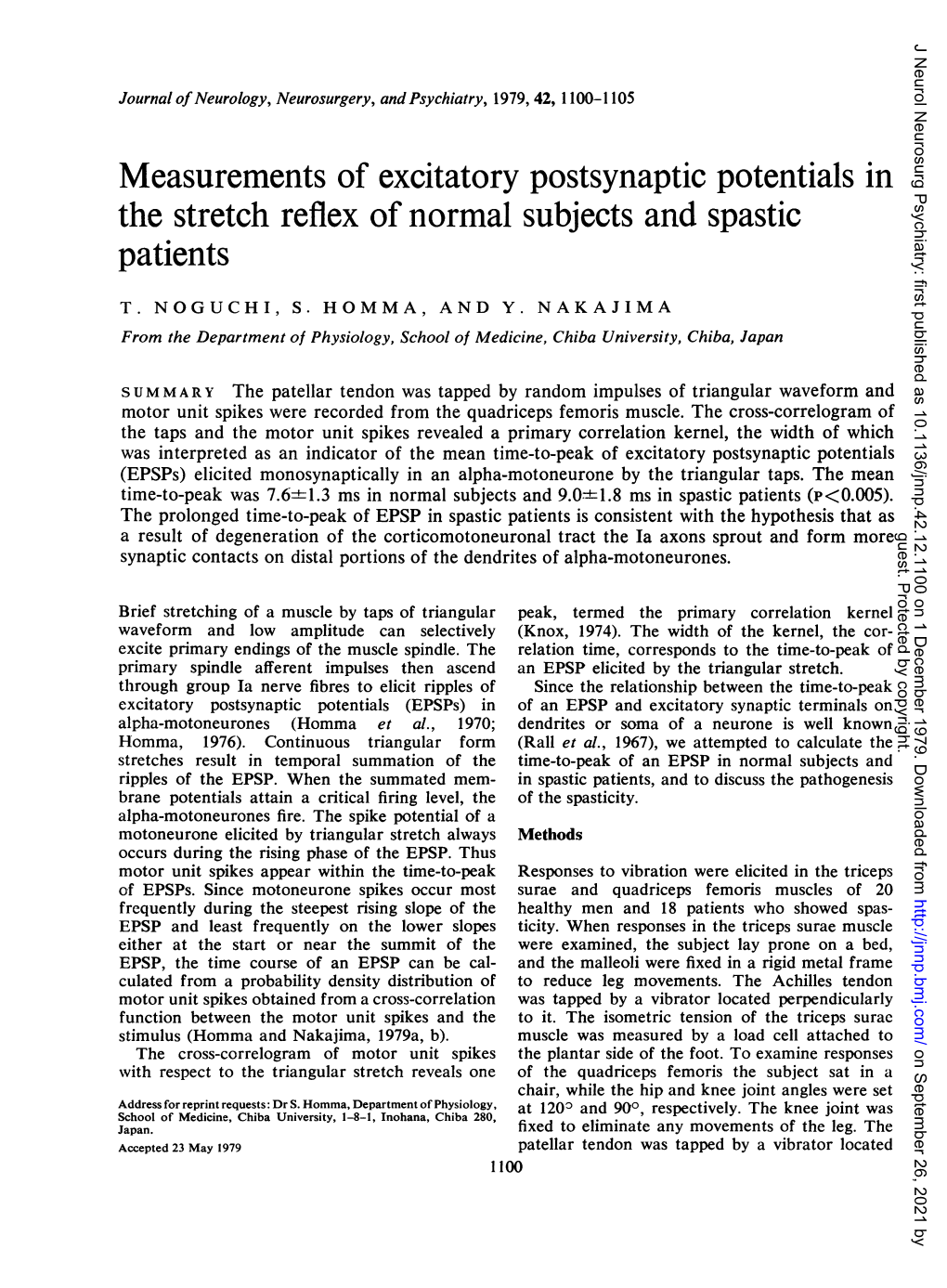 Measurements of Excitatory Postsynaptic Potentials in the Stretch Reflex of Normal Subjects and Spastic Patients