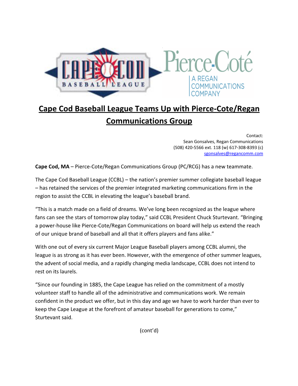 Cape Cod Baseball League Teams up with Pierce-Cote/Regan Communications Group