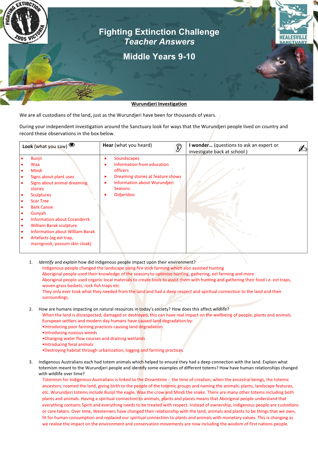 Fighting Extinction Challenge Teacher Answers Middle Years 9-10