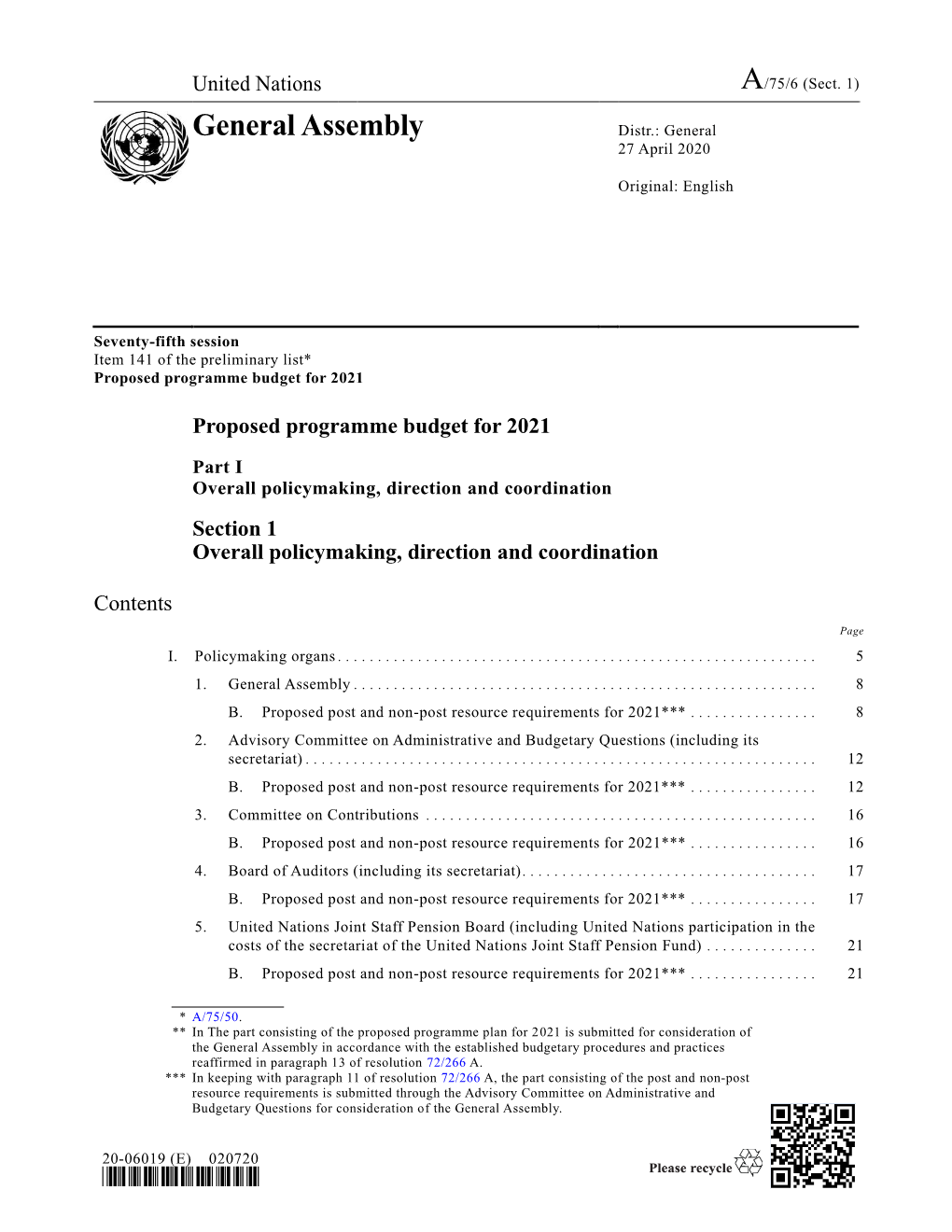 A/75/6 (Sect. 1) General Assembly