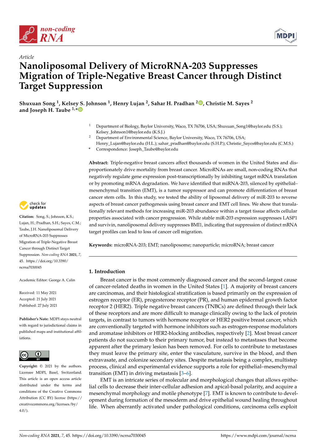 Nanoliposomal Delivery of Microrna-203 Suppresses Migration of Triple-Negative Breast Cancer Through Distinct Target Suppression