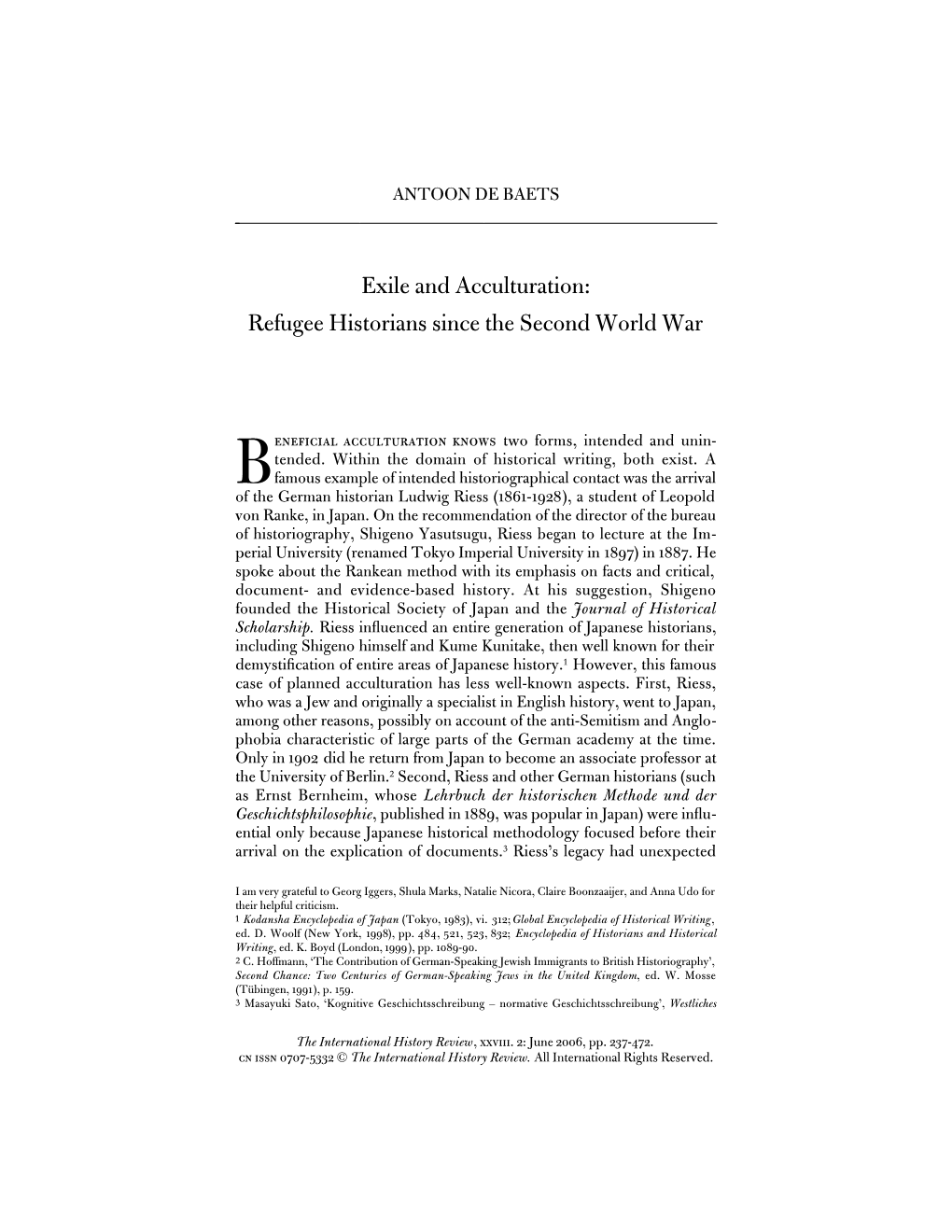 Exile and Acculturation: Refugee Historians Since the Second World War