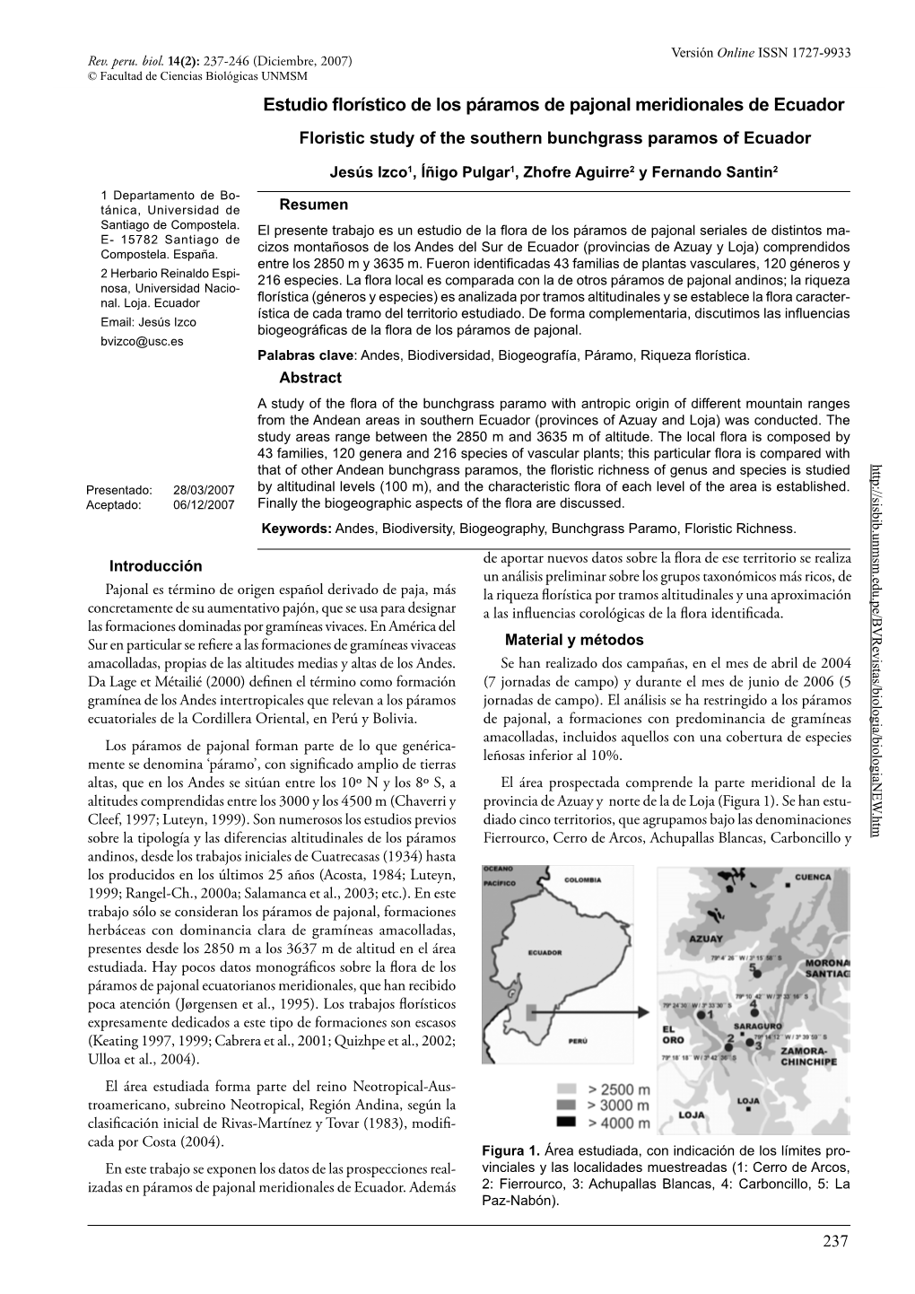 Estudio Florístico De Los Páramos De Pajonal Meridionales De Ecuador