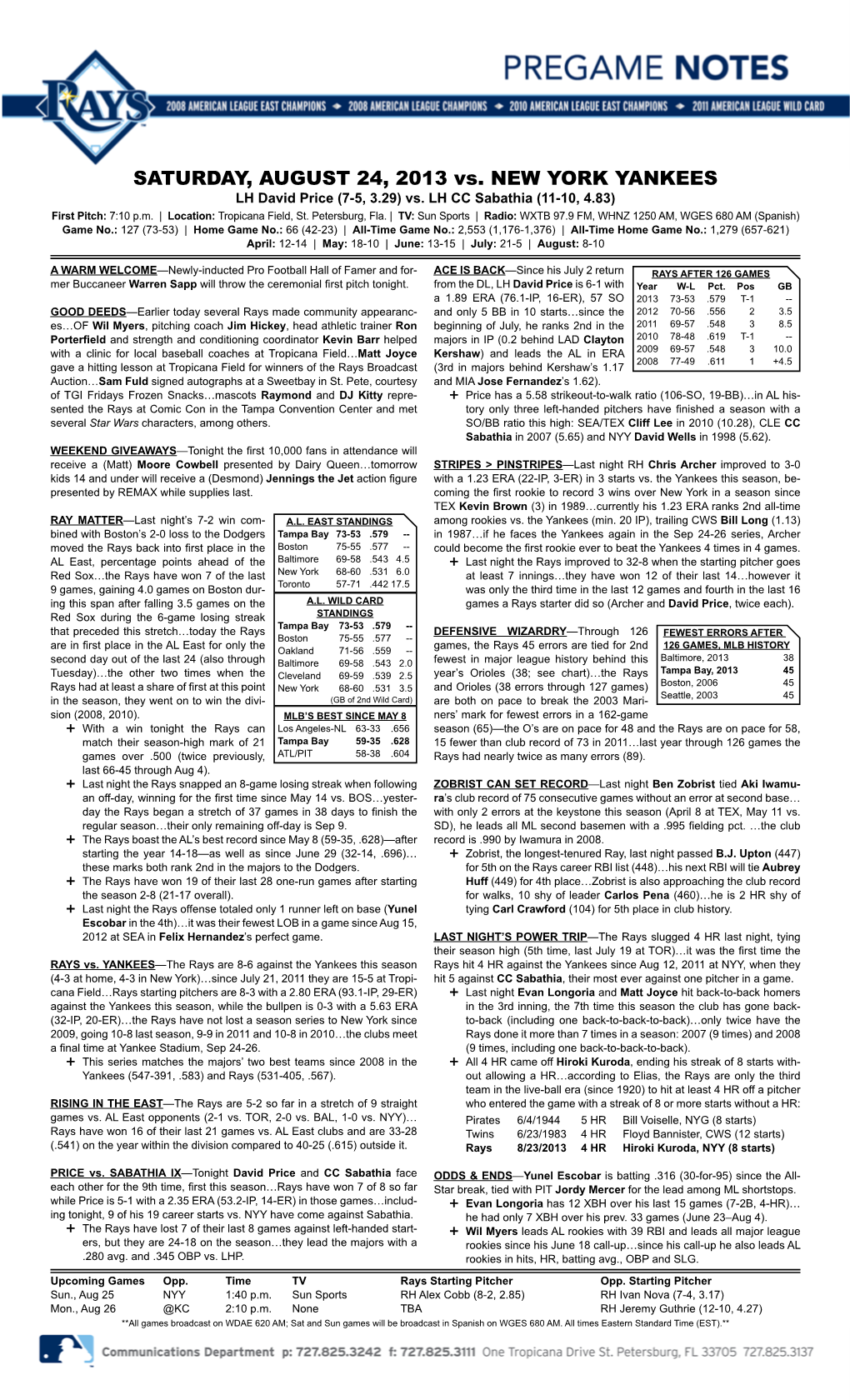 SATURDAY, AUGUST 24, 2013 Vs. NEW YORK YANKEES LH David Price (7-5, 3.29) Vs