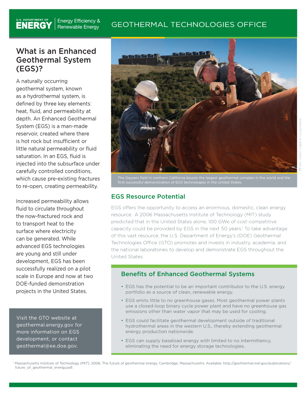 Enhanced Geothermal System (EGS) Fact Sheet