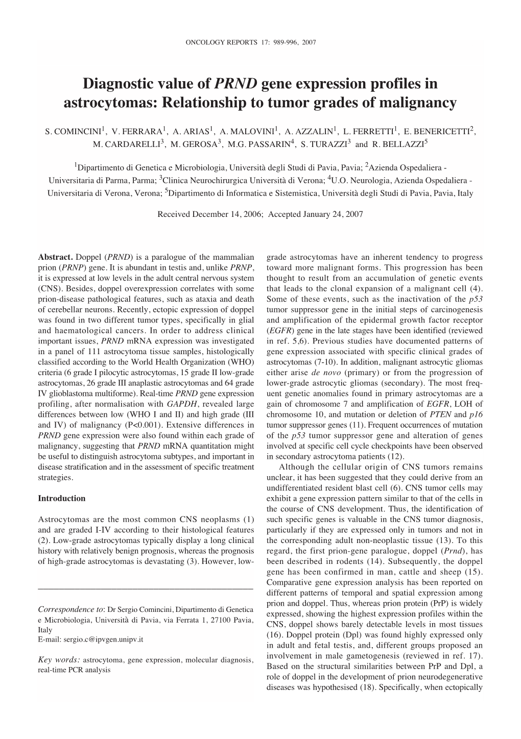 Diagnostic Value of PRND Gene Expression Profiles in Astrocytomas: Relationship to Tumor Grades of Malignancy