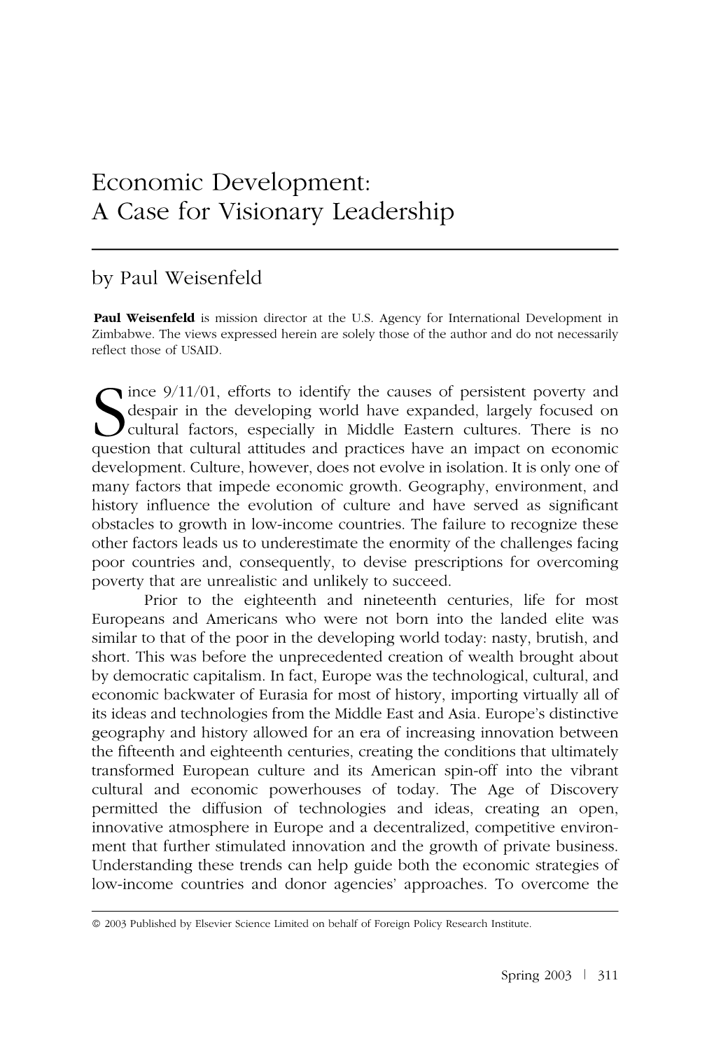 Economic Development: a Case for Visionary Leadership by Paul Weisenfeld