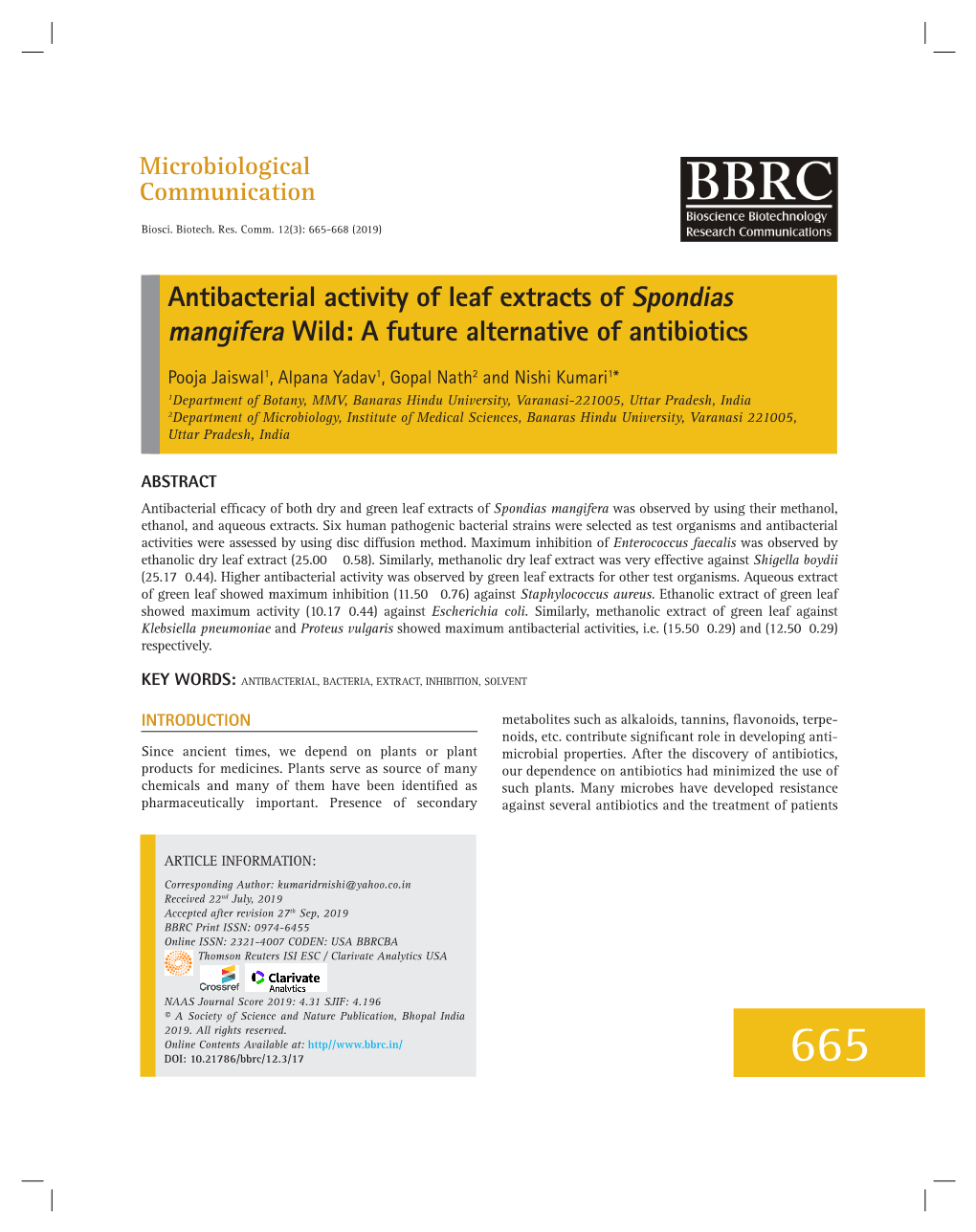 Antibacterial Activity of Leaf Extracts of Spondias Mangifera Wild: a Future Alternative of Antibiotics