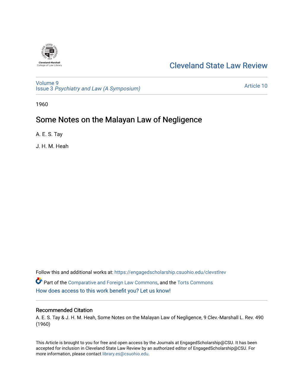 Some Notes on the Malayan Law of Negligence