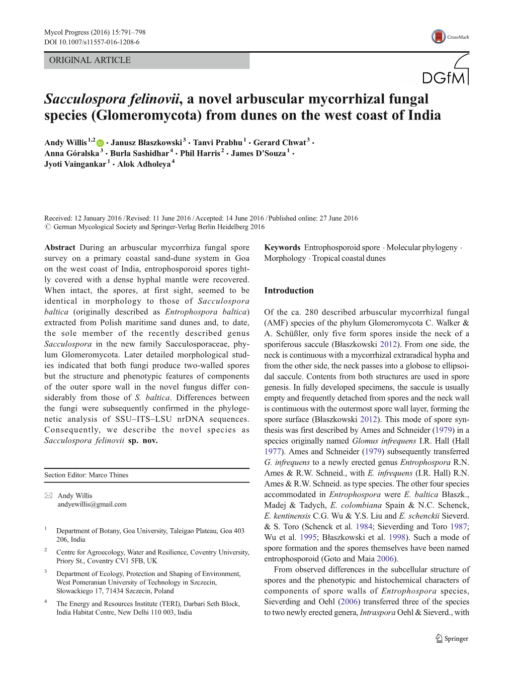 Sacculospora Felinovii, a Novel Arbuscular Mycorrhizal Fungal Species (Glomeromycota) from Dunes on the West Coast of India