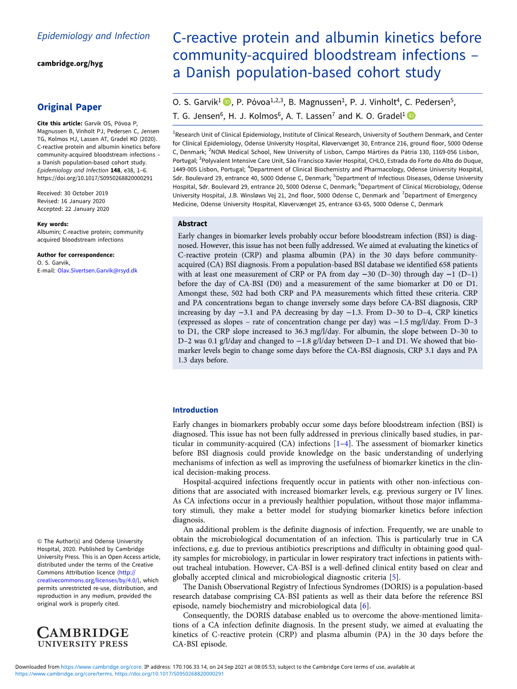 C-Reactive Protein and Albumin Kinetics Before Community-Acquired Bloodstream Infections – Cambridge.Org/Hyg a Danish Population-Based Cohort Study