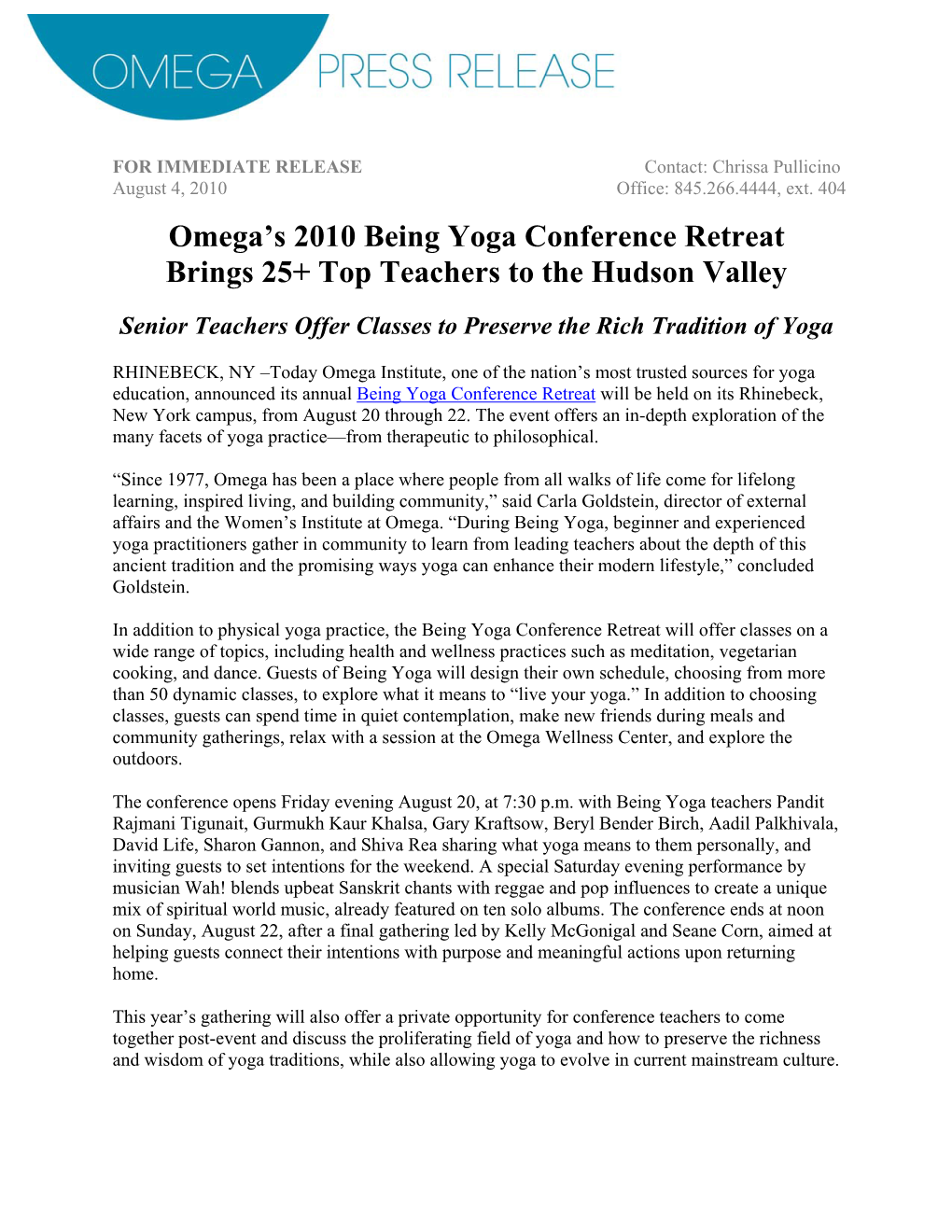 Omega's 2010 Being Yoga Conference Retreat Brings 25+ Top Teachers to the Hudson Valley
