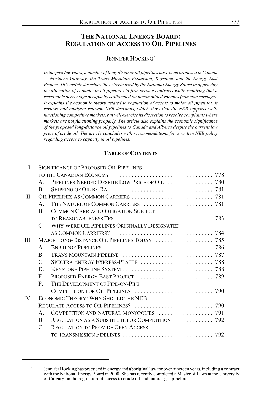 Regulation of Access to Oil Pipelines 777