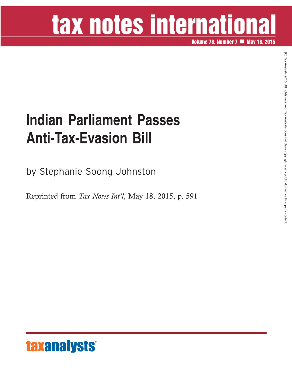 Indian Parliament Passes Anti-Tax-Evasion Bill by Stephanie Soong Johnston