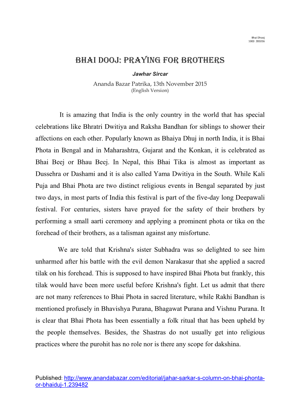 Bhai Dooj: Praying for Brothers