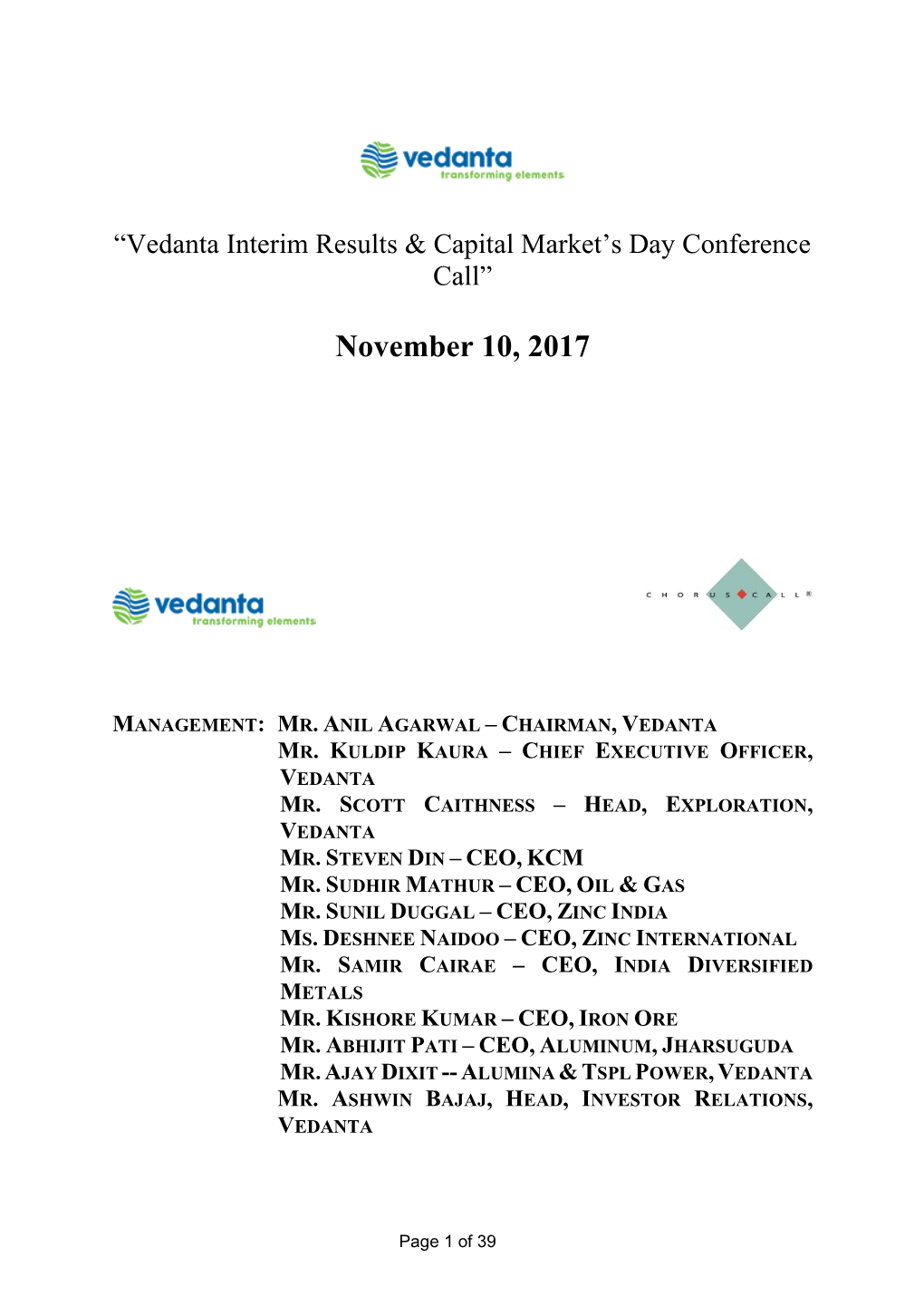 Vedanta Interim Results & Capital Market's Day Conference Call