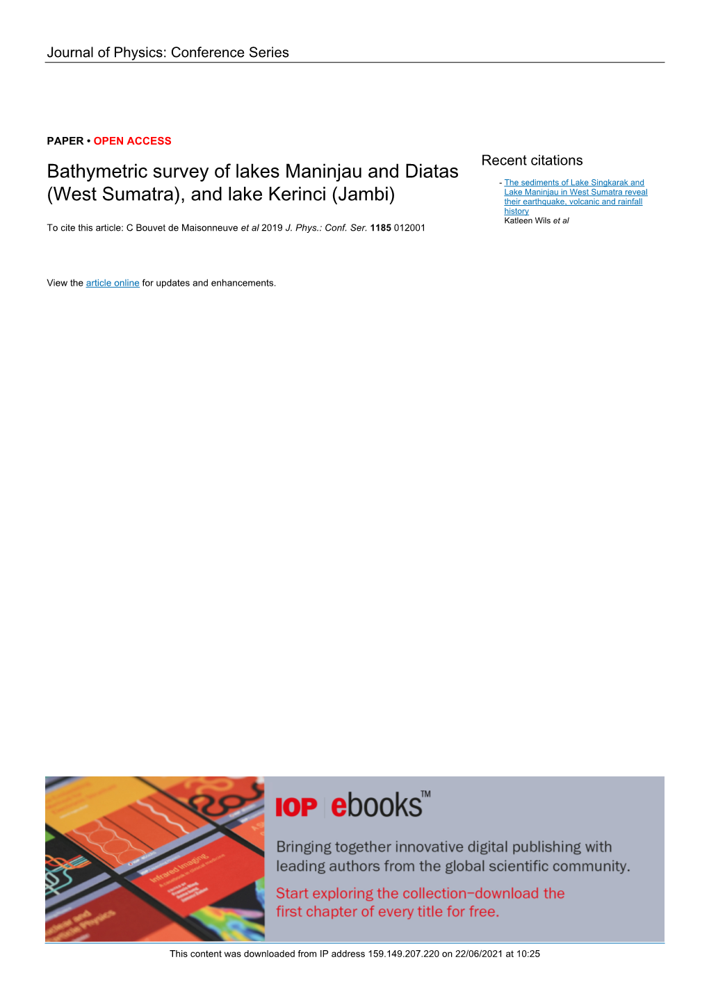 Bathymetric Survey of Lakes Maninjau and Diatas (West Sumatra), and Lake Kerinci (Jambi)