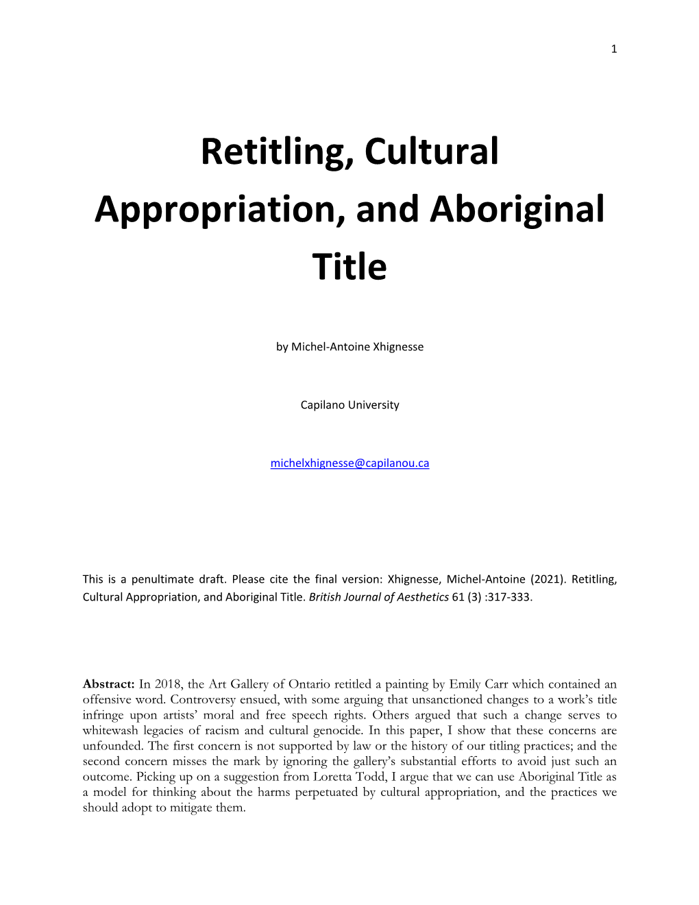 Retitling, Cultural Appropriation, and Aboriginal Title