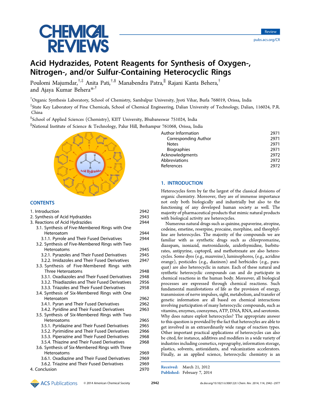 Acid Hydrazides, Potent Reagents for Synthesis of Oxygen‑, Nitrogen‑, And/Or Sulfur-Containing Heterocyclic Rings