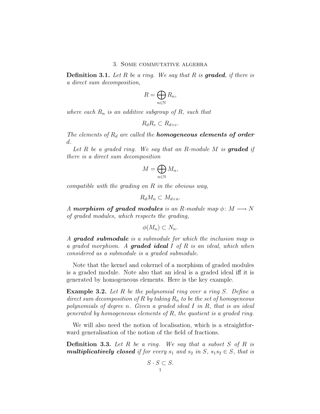 3. Some Commutative Algebra Definition 3.1. Let R Be a Ring. We