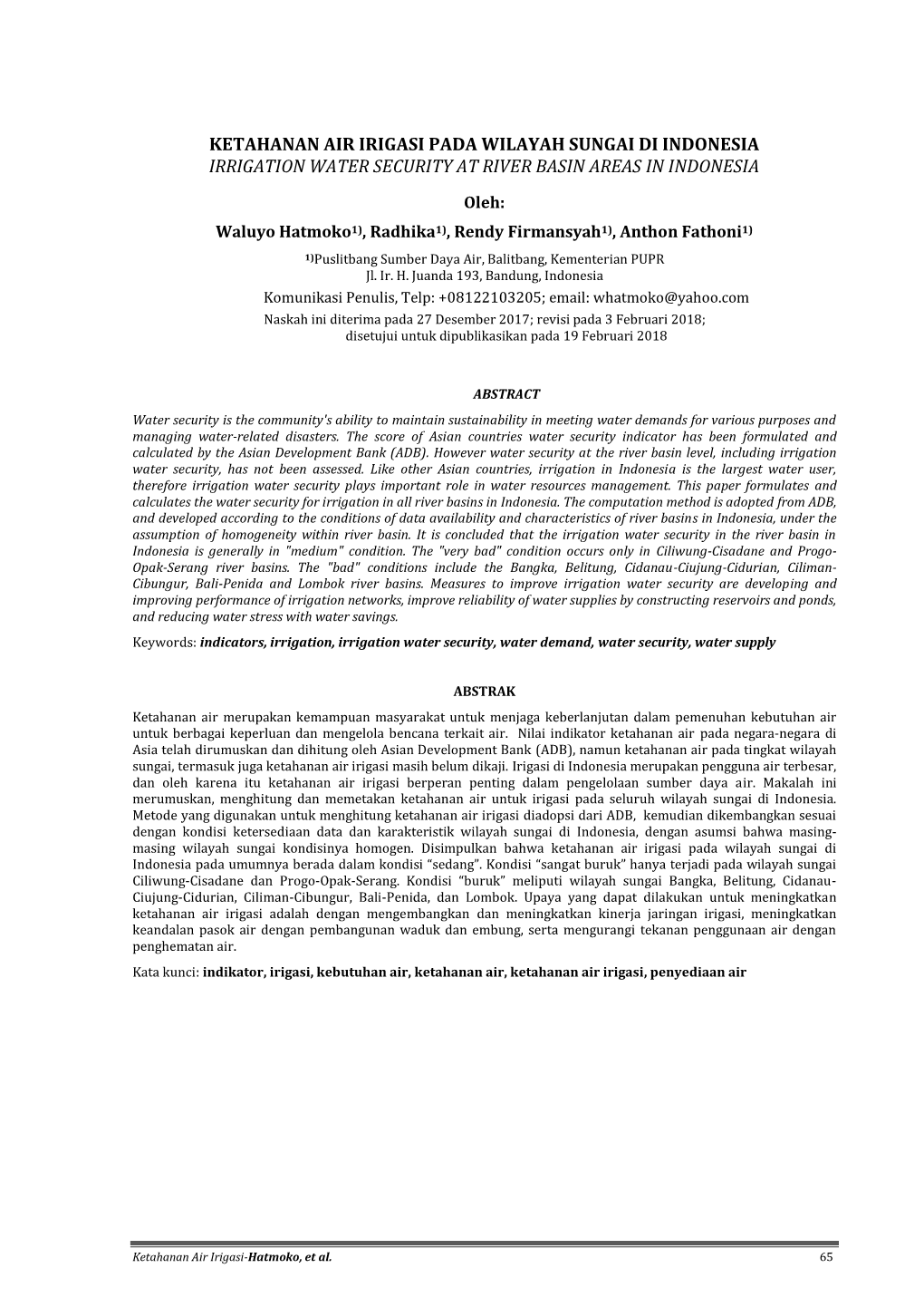 Ketahanan Air Irigasi Pada Wilayah Sungai Di Indonesia Irrigation Water Security at River Basin Areas in Indonesia