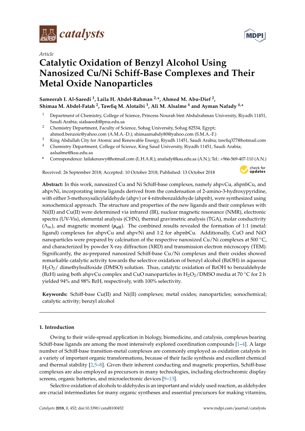 Catalytic Oxidation of Benzyl Alcohol Using Nanosized Cu/Ni Schiff-Base Complexes and Their Metal Oxide Nanoparticles